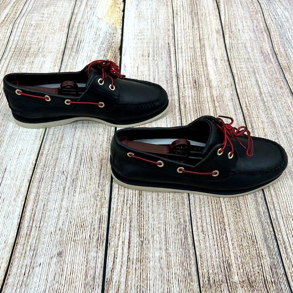 Timberland Men's Size 8 Classic Two-Eye Black Leather Boat Shoes Preppy Nautical